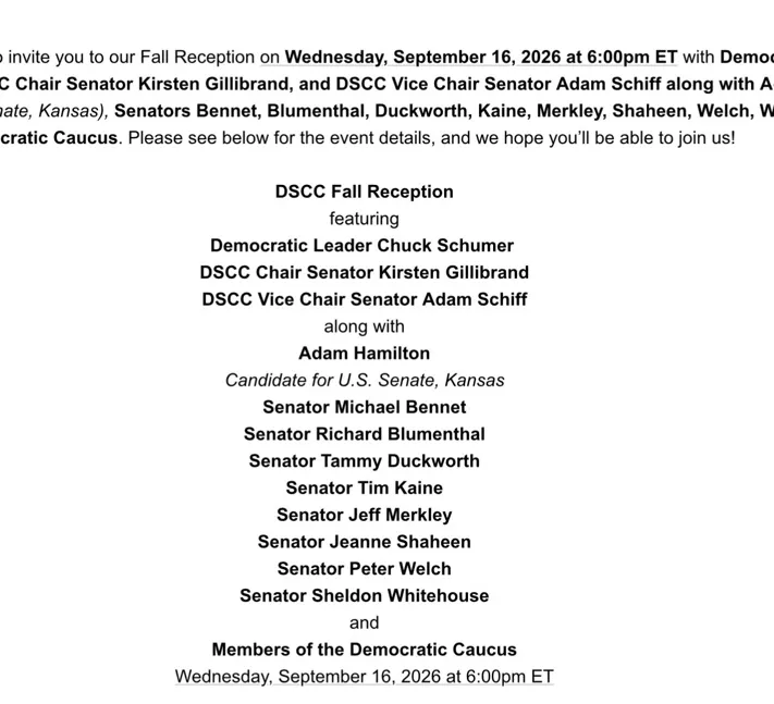 Invitation to the DSCC Fall Reception on Wednesday, September 16, 2026, listing Adam Hamilton, candidate for U.S. Senate, Kansas, alongside Democratic Leader Chuck Schumer and members of the Democratic Caucus